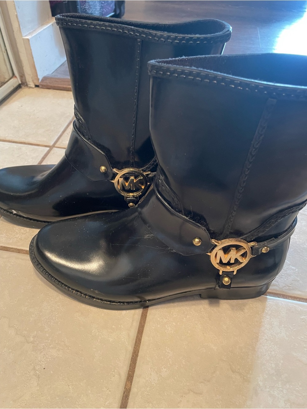 Michael Kors Black Patent Harness Boots with Gold MK Emblem